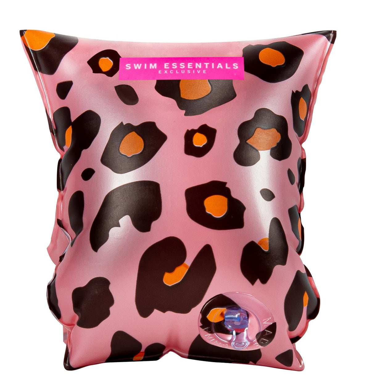 Roze zwembandje met zwarte en oranje pantervlekken en een doorzichtig ventiel op een witte achtergrond.